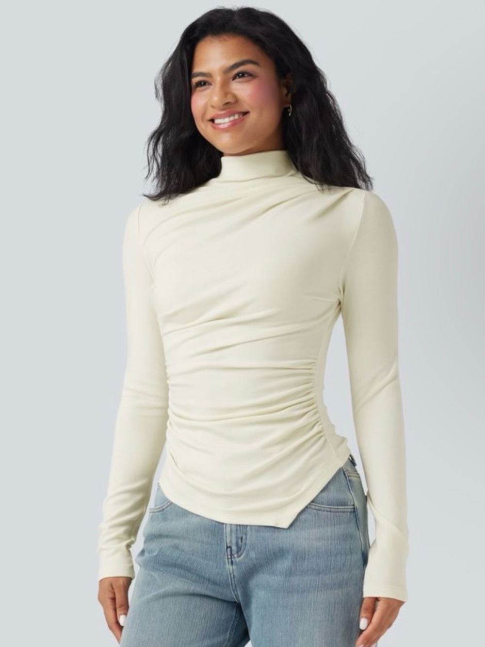 Mock-neck Long Sleeve Ruched Asymmetric Hem Thermal Casual Top